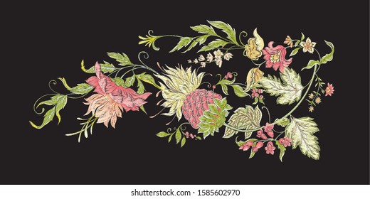 Fantasy flowers in retro, vintage, jacobean embroidery style. Element for design. Embroidery imitation. Colored vector illustration. Isolated on black background.