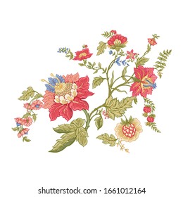 Fantasy flowers in retro, vintage, jacobean embroidery style. Embroidery imitation isolated on white background. Vector illustration.