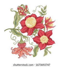 Fantasy flowers in retro, vintage, jacobean embroidery style. Element for design. Colored vector illustration Isolated on white background..