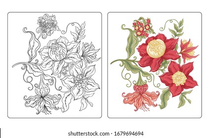 Fantasy flowers in retro, vintage, jacobean embroidery style. Coloring page for the adult coloring book with coloring sample. Outline vector illustration.