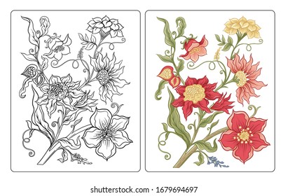 Fantasy flowers in retro, vintage, jacobean embroidery style. Coloring page for the adult coloring book with coloring sample. Outline vector illustration.