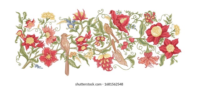 Fantasy flowers in retro, vintage, jacobean embroidery style. Element for design. Colored vector illustration Isolated on white background..