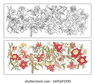 Fantasy flowers in retro, vintage, jacobean embroidery style. Coloring page for the adult coloring book with coloring sample. Outline vector illustration.