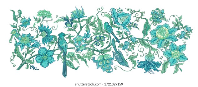 Fantasy flowers in retro, vintage, jacobean embroidery style. Element for design. Colored vector illustration Isolated on white background..