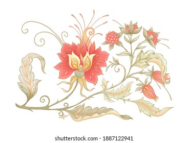 Fantasy flowers in retro, vintage, jacobean embroidery style. Embroidery imitation isolated on white background. Vector illustration.