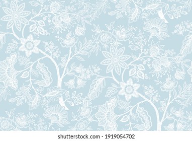 Fantasy flowers in retro, vintage, jacobean embroidery style. Seamless pattern, background. Vector illustration. On army green background.