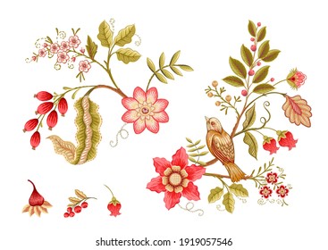 Fantasy flowers in retro, vintage, jacobean embroidery style. Embroidery imitation isolated on white background. Vector illustration. Set of elements for design, clip art.