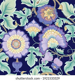 Fantasy flowers in retro, vintage, jacobean embroidery style. Seamless pattern, background. Vector illustration. Isolated on white background.