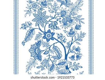 Fantasy flowers in retro, vintage, jacobean embroidery style. Seamless pattern, background. Vector illustration. On army green background.
