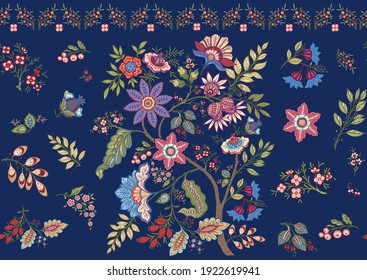 Fantasy flowers in retro, vintage, jacobean embroidery style. Seamless pattern, background. Vector illustration. On army green background.