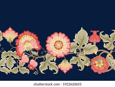 Fantasy flowers in retro, vintage, jacobean embroidery style. Seamless pattern, background. Vector illustration. Isolated on white background.