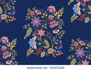 Fantasy flowers in retro, vintage, jacobean embroidery style. Seamless pattern, background. Vector illustration. On army green background.