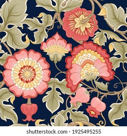 Fantasy flowers in retro, vintage, jacobean embroidery style. Seamless pattern, background. Vector illustration. Isolated on white background.