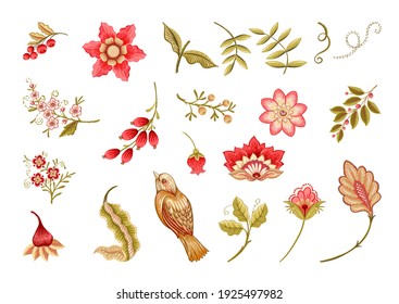 Fantasy flowers in retro, vintage, jacobean embroidery style. Embroidery imitation isolated on white background. Vector illustration. Set of elements for design, clip art.