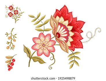 Fantasy flowers in retro, vintage, jacobean embroidery style. Embroidery imitation isolated on white background. Vector illustration. Set of elements for design, clip art.