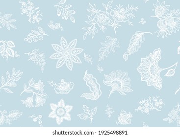 Fantasy flowers in retro, vintage, jacobean embroidery style. Seamless pattern, background. Vector illustration. On army green background.