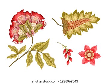 Fantasy flowers in retro, vintage, jacobean embroidery style. Embroidery imitation isolated on white background. Vector illustration. Set of elements for design, clip art.