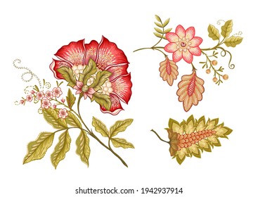 Fantasy flowers in retro, vintage, jacobean embroidery style. Embroidery imitation isolated on white background. Vector illustration. Set of elements for design, clip art.