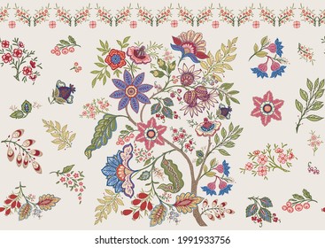 Fantasy flowers in retro, vintage, jacobean embroidery style. Seamless pattern, background. Vector illustration. On army green background.