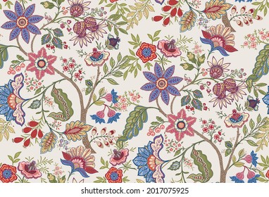 Fantasy flowers in retro, vintage, jacobean embroidery style. Seamless pattern, background. Vector illustration. On army green background.