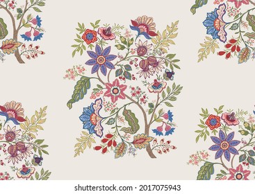 Fantasy flowers in retro, vintage, jacobean embroidery style. Seamless pattern, background. Vector illustration. On army green background.