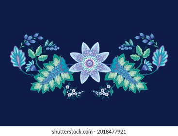 Fantasy flowers in retro, vintage, jacobean embroidery style. Embroidery imitation isolated on black background. Vector illustration.