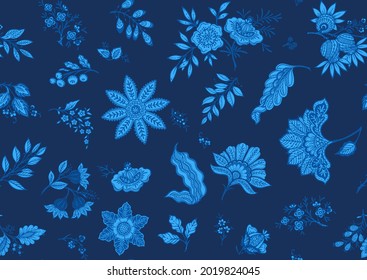 Fantasy flowers in retro, vintage, jacobean embroidery style. Seamless pattern, background. Vector illustration. On army green background.