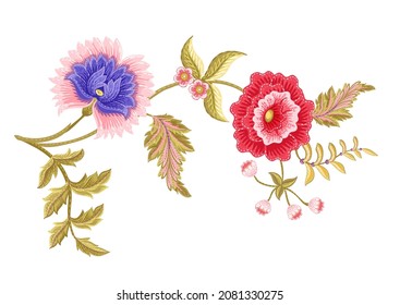 Fantasy flowers in retro, vintage, jacobean embroidery style. Clip art, set of elements for design Vector illustration.