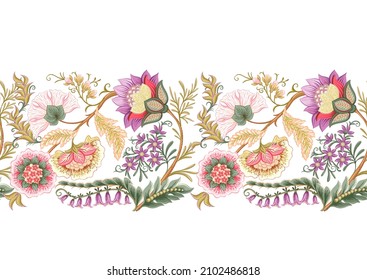 Fantasy flowers in retro, vintage, jacobean embroidery style. Border line seamless pattern, background. Vector illustration.