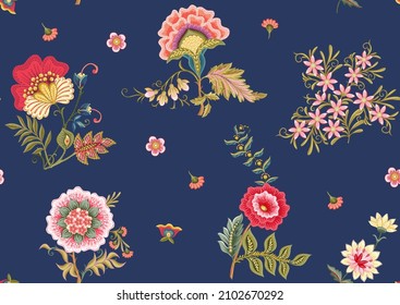 Fantasy flowers in retro, vintage, jacobean embroidery style. Seamless pattern on blue denim background. Vector illustration.