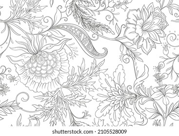 Fantasy flowers in retro, vintage, jacobean embroidery style. Seamless pattern, background. Vector illustration.