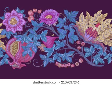 Fantasy flowers in retro, vintage, jacobean embroidery style. Seamless pattern, background. Vector illustration.