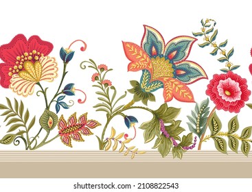 Fantasy flowers in retro, vintage, jacobean embroidery style. Border line seamless pattern, background. Vector illustration.