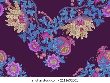 Fantasy flowers in retro, vintage, jacobean embroidery style. Seamless pattern, background. Vector illustration.