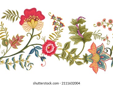 Fantasy flowers in retro, vintage, jacobean embroidery style. Border line seamless pattern, background. Vector illustration.