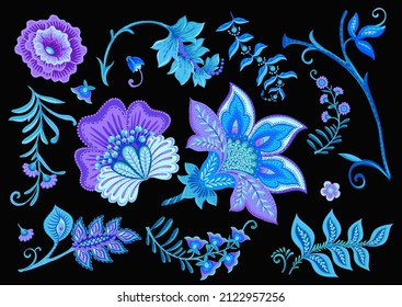 Fantasy flowers in retro, vintage, jacobean embroidery style. Element for design. Vector illustration.