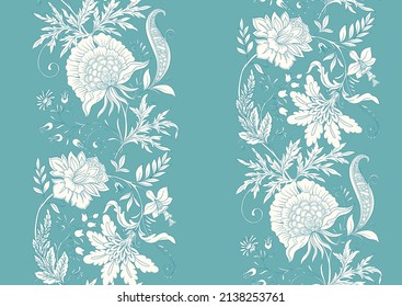 Fantasy flowers in retro, vintage, jacobean embroidery style. Seamless pattern, background. Vector illustration.