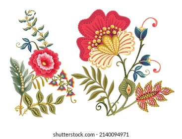 Fantasy flowers in retro, vintage, jacobean embroidery style. Element for design. Vector illustration.