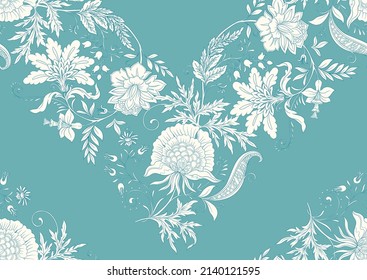 Fantasy flowers in retro, vintage, jacobean embroidery style. Seamless pattern, background. Vector illustration.