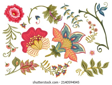 Fantasy flowers in retro, vintage, jacobean embroidery style. Element for design. Vector illustration.