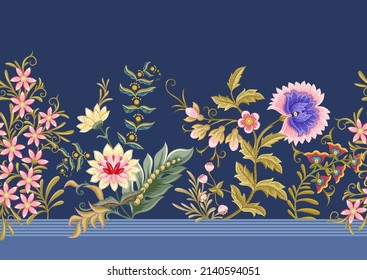 Fantasy flowers in retro, vintage, jacobean embroidery style. Border line seamless pattern on denim blue background. Vector illustration.