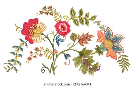 Fantasy flowers in retro, vintage, jacobean embroidery style. Element for design. Vector illustration.