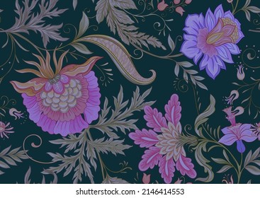 Fantasy flowers in retro, vintage, jacobean embroidery style. Seamless pattern, background. Vector illustration.