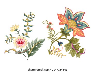 Fantasy flowers in retro, vintage, jacobean embroidery style. Element for design. Vector illustration.