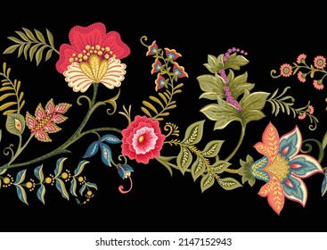 Fantasy flowers in retro, vintage, jacobean embroidery style. Border line seamless pattern on black background. Vector illustration.