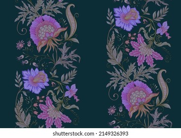 Fantasy flowers in retro, vintage, jacobean embroidery style. Seamless pattern, background. Vector illustration.