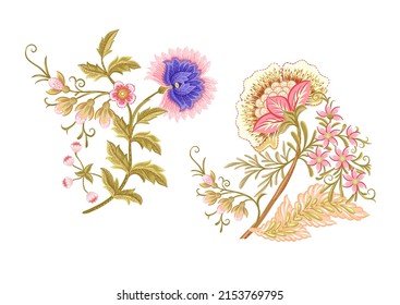 Fantasy flowers in retro, vintage, jacobean embroidery style. Element for design. Vector illustration.