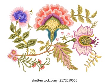 Fantasy flowers in retro, vintage, jacobean embroidery style. Element for design. Vector illustration.