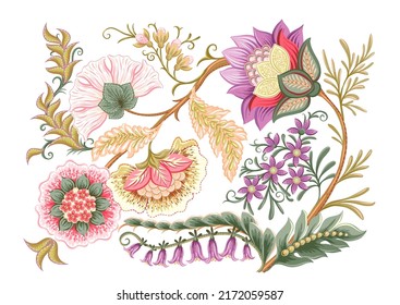 Fantasy flowers in retro, vintage, jacobean embroidery style. Element for design. Vector illustration.