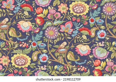 Fantasy flowers in retro, vintage, jacobean embroidery style. Seamless pattern, background. Vector illustration. Multicolor on blue background.